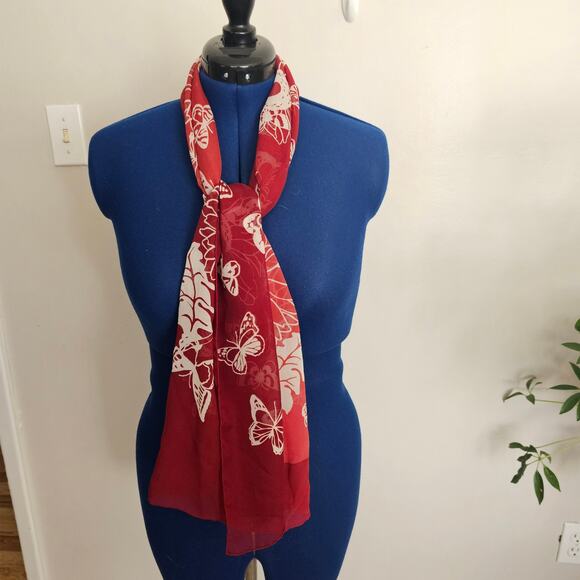 Salvatore Ferragamo 100% Silk Scarf – Red Floral & Butterfly Print Made in Italy - Picture 2 of 4